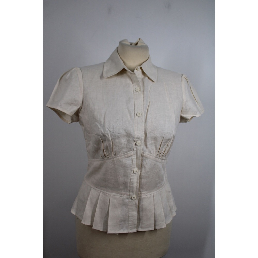 Asara 4 Beige 100% Linen Fitted Peplum Pleat Short Sleeve Top